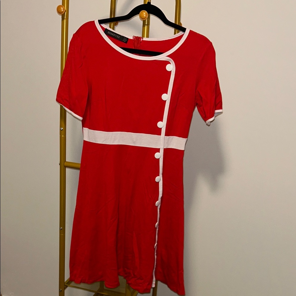 Red and White Button-Accent Midi Dress